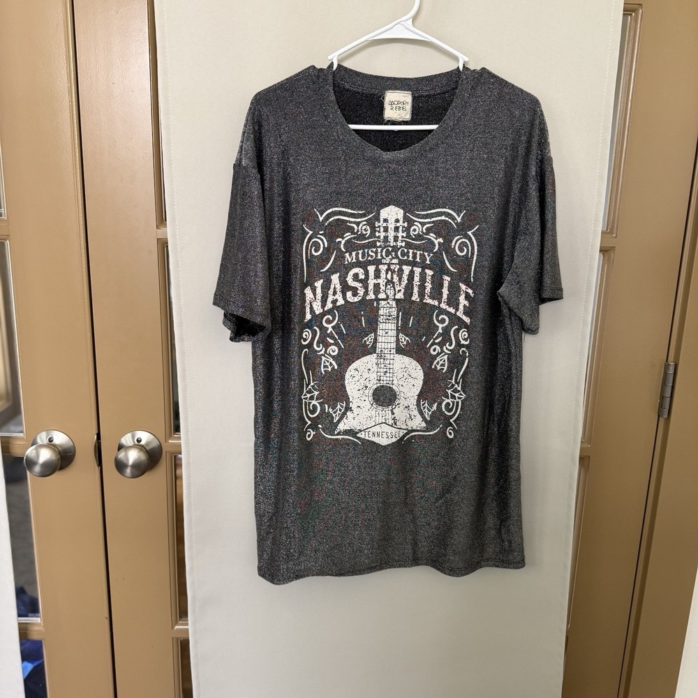 Modish Rebel Womens Medium Metallic Gray Nashville Short Sleeve T-Shirt Top